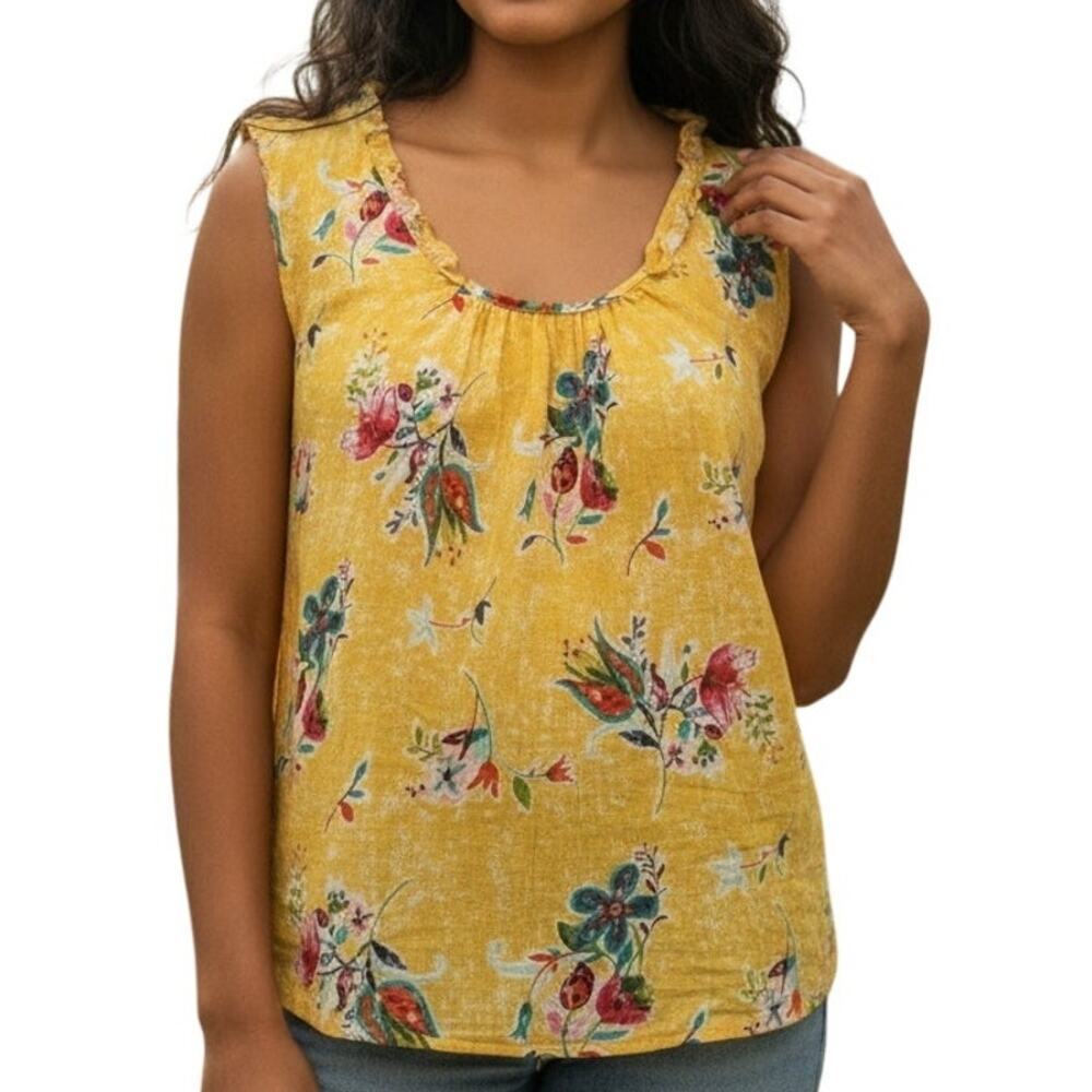 Hester & Orchard Floral Tank Womens XL Marigold Yellow Cotton Flowy Boho Top